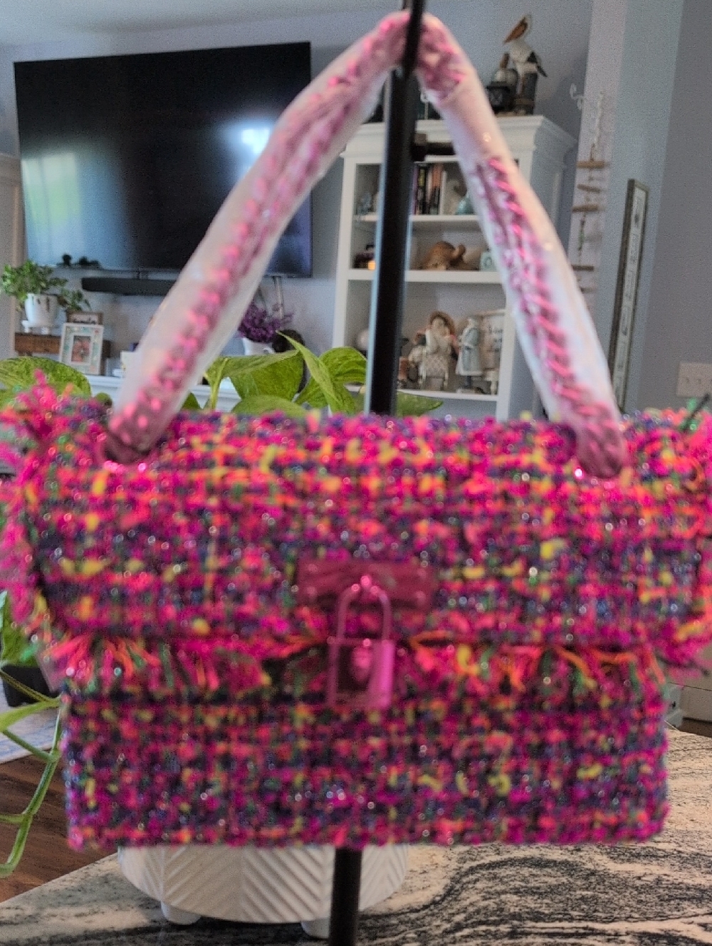 Kurt Geiger Pink Multicolor Tweed Padlock With Eagle Convertible Brixton Bag